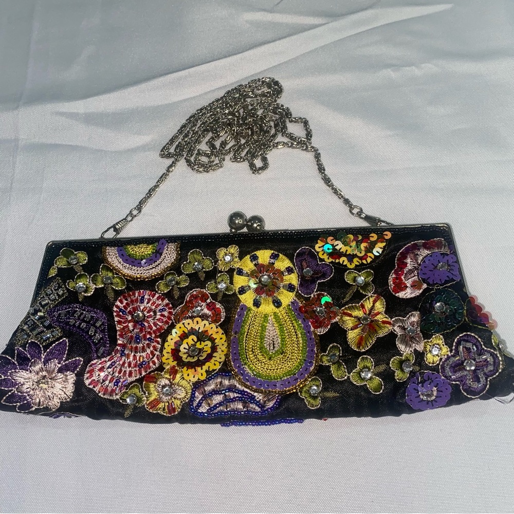 Embroidered Floral Clutch with Chain Strap